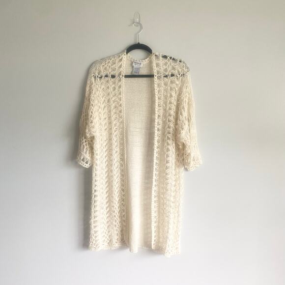 Monroe & Main Vintage Crochet Style‎ Open Front Long Cardigan Cream Boho Medium - Picture 1 of 4